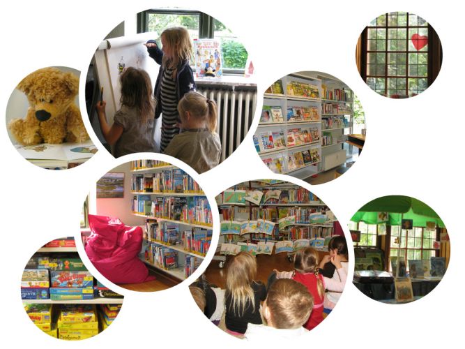 Collage: Impressionen aus den Innenräumen der Bücherei in Hadersleben
